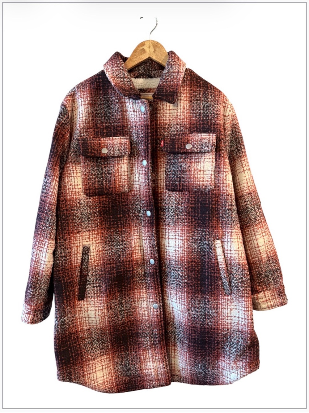 NWOT Women's Levi's Plaid Sherpa Lined Jacket Size L Blush White Chore Coat
